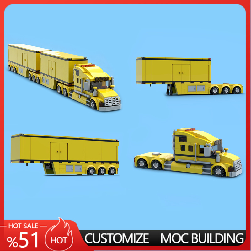 Heavy Equipment Lego - نموذج شاحنة مقطورة مزدوجة صفراء شديدة
